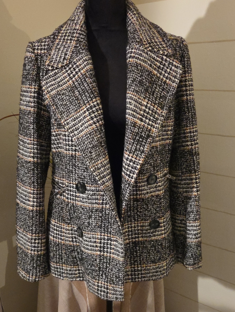 MARALYN & ME BLACK CREAM HOUNDSTOOTH PLAID TEXTURED TAILORED PEACOAT JACKET M